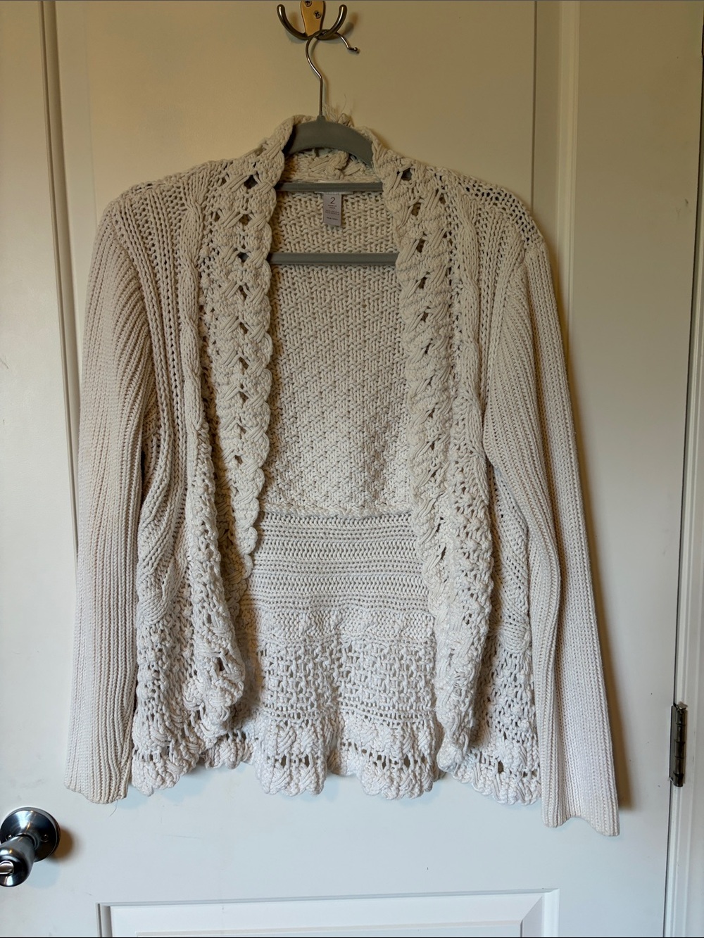 Chico's Cream Open-Front Cable & Crochet Knit Cardigan